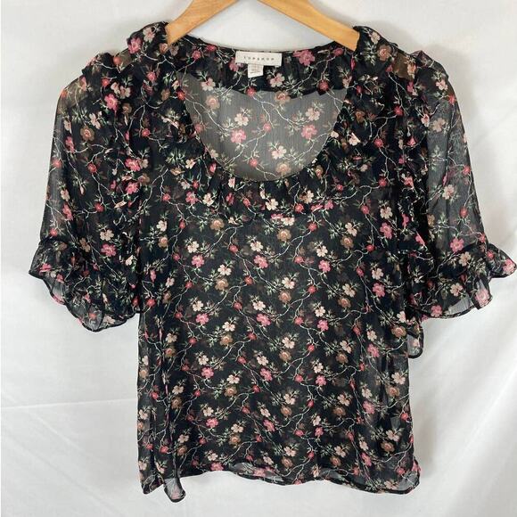 Topshop Black Floral Semi Sheer Blouse Size 4 - Picture 3 of 9